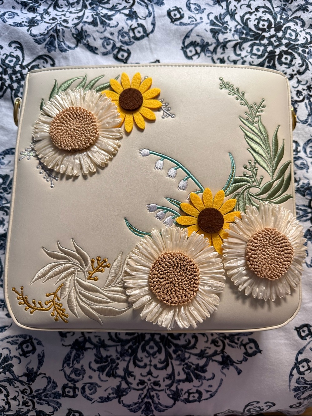 Floral Embroidered Cream Crossbody Bag with Woven Strap 11x8x3